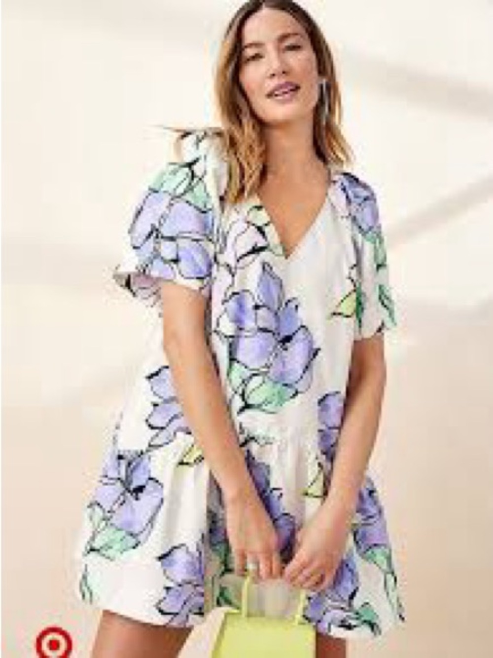 A New Day White Floral V-Neck Mini Dress with Lavender Blooms